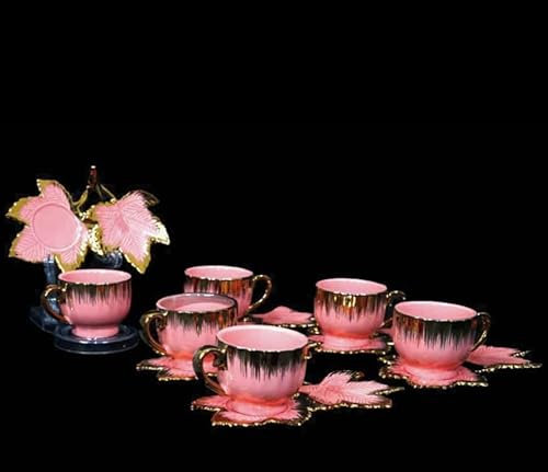 Service à Thé Vintage en Porcelaine, 6 Tasses avec Soucoupes en Forme de Feuille, Rose et Or, Style Élégant