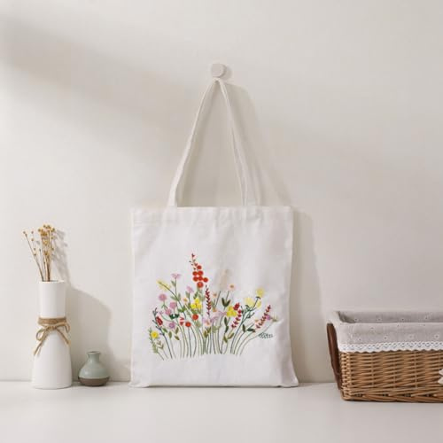 Kaseremy Stickerei Set Anfänger Tasche, Blumenmuster Canvas Tasche Stickerei Set Erwachsene Anfänger, Stickset Leinen Tragetaschen mit Anleitung Stickrahmen bunten Fäden und Nadeln (weiß)