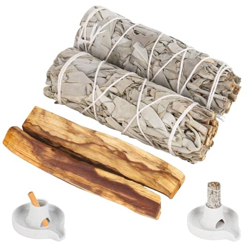 2 Weißer Salbei und 2 Palo Santo Premium Kalifornischer, 100% kontrollierte und nachhaltige Ernte, Beseitigt Negative Energien, für Energetische Rituale und Spirituelle