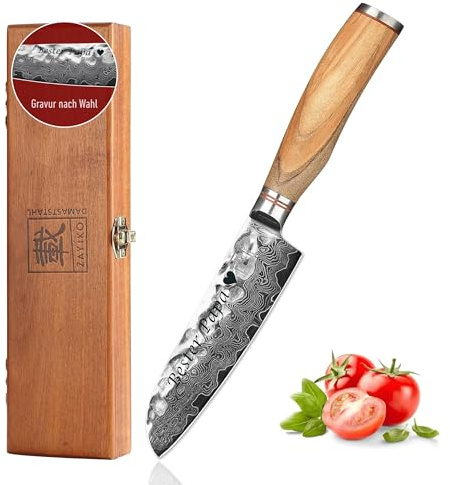 zayiko Minami kleines Santoku Messer mit Gravur – Personalisiertes Damastmesser, 12 cm Klinge aus 67 Lagen Damaststahl (VG10-Kern), Hammerschlag, Olivenholzgriff – in Geschenkbox