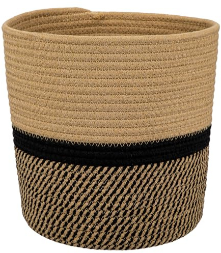Gewebter Baumwollseil Pflanzkorb Blumentopf Geflochten Übertopf Korb Aufbewahrungsbehälter Organizer für Pflanzgefäße, Blumentopf, Kunsthandwerk, Spielzeug, Home Décor (Schwarz Braun, 25cm x 25cm)
