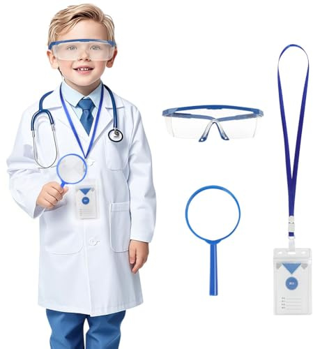 BSBUY Doktordräkt för barn, laboratorieklänningar, 4-delat läkardräkt för barn, med Goggles, ID-kort, förstoring, Kid Scientist Cosplay Kostym för Halloween, Vit, M