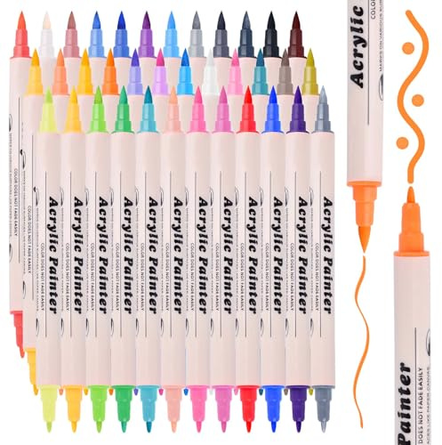MIN CI Acrylmarker Set mit 36 Farben Wasserfesten Stiften - Doppelspitze (Pinsel & Feinspitze) zum Malen auf Stein, Holz, Canvas - Professionelle Acrylstifte für Künstler, Erwachsene