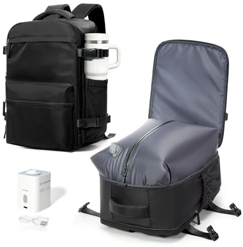 BOXSAM Sac à Dos de Voyage sous Vide avec Pompe - 40x30x25 cm (Ryanair Cabine) - Sac à Dos Cabine pour Avion avec Compartiment PC 14 Pouces - Imperméable - Bagage à Main Homme et Femme(Noir)