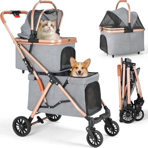 MAMIZO Passeggino Doppio Strato per Cani, Pieghevole Passeggino per Animali Domestici fino a 15 kg, Carrello per Cani con 4 PCS ruote, Passeggino Cane con Finestre a Rete e Portabevande, Grigio