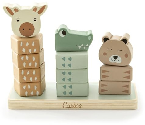 GRAVURZEILE Tour empilable gravée - Animal de la jungle - Personnalisable avec nom - Jouet pour enfants en bois - Présentoir avec 3 tours empilables en bois - Cadeau pour garçons et filles
