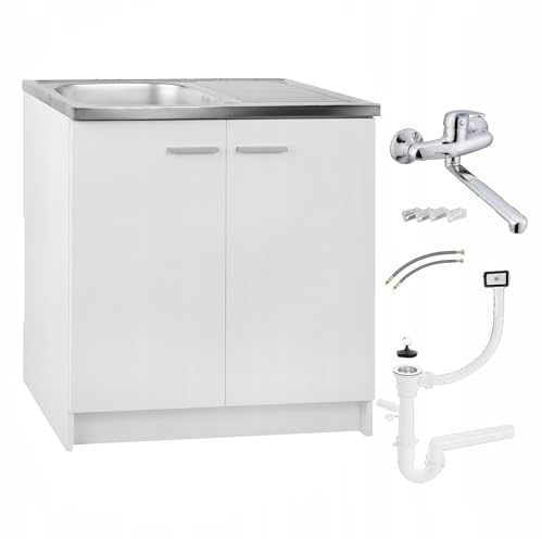 Spülenschrank Küchenschrank 80cm Weiß Spüle Edelstahl Armatur Chrom Wand Komplett Standschrank 49cm Tiefe Siphon Geschirrspüler Wandarmatur Set XXL