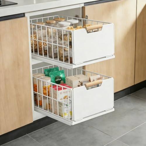 2 cassetti Cassetto estraibile da cucina, cesto scorrevole per cucina più profondi, cassetto telescopico, con guide per cassetti e manico in legno - senza fori (nero)