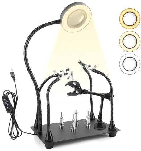 Saldatura Terza Mano, Magnetico Stazione Saldante con 4 Bracci Flessibili Lente d'Ingrandimento a LED 6X e Braccio di Supporto Meccanico per Riparazione PCB Lavori di Saldatura Modellismo