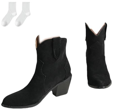 Botines Occidentales Para Mujer, Botines Cortos De Estilo Cowboy A La Moda Con Acabado Ante Botines Sin Cordones Con Caña Ancha Y Tacón Bloque Botas Cómodas Para Otoño E Invierno,Negro,42 EU