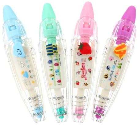 DEARMAMY Cintas Correctoras Adhesivas de Escritura 4 Piezas Diseño de Dibujos Animados, Presión Ergonómica para Oficina y Escuela, Cinta Mate Opaca sin Secado, Uso Fácil Estilo Aleatorio
