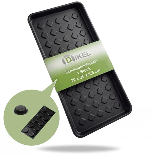 DIKEL Schuhabtropfschale 72x35x3,5 cm - Robuste Schuhablage mit hohem Rand - Schuhmatte Abtropfmatte für nasse Schuhe - Schuhwanne und Schuhschale - Schuhtablett mit Schutzaufkleber - Schwarz
