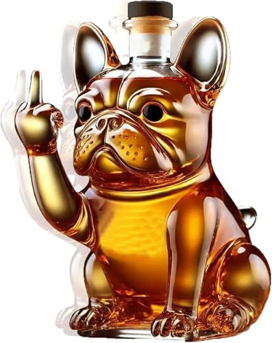 Carafe à Whisky et Vin en Verre 300ML – Design Bouledogue Français avec Doigt d'Honneur | Flacon à Liqueur Original, Idée Cadeau Humour pour Homme, Décoration Bar ou Maison