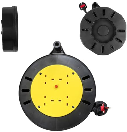 4 Socket 10m Cable Reel, Heavy Duty Aluminium Extension Lead with Thermal Cut Out, PVC Outdoor Cable, 13A UK Plug with Winding Handle for Garden Use