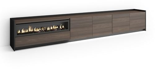 Skraut Home | Mueble TV | Muebles de salón, almacenaje | 310x50x37 cm | para televisión hasta 80 | Chimenea eléctrica | LED | Estilo Moderno | Roble Oscuro y Negro