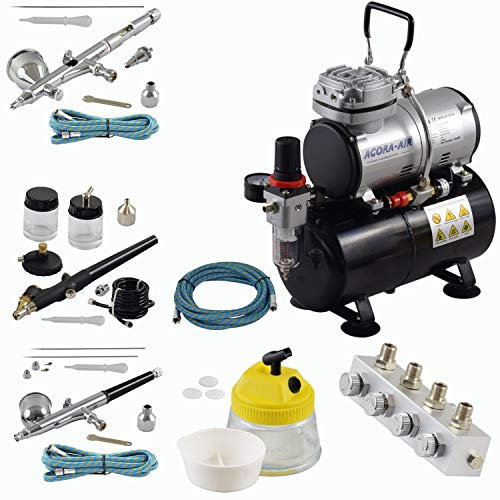 Agora-Tec® Airbrush Set EXPERT XIV.13 mit Kompressor 4 bar/20 l/min + 3 Pistolen inkl. Nadeln/Düsen 0,2/0,3/0,5/0,8 mm + regelbarer 4-fach Luftdruckverteiler + Clean Pot + 3 Schläuche + Adapter