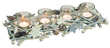 Belladecora Adventsgesteck für Tealichter aus Holz/Glas 5-tlg, B38 x T14 x H7 cm