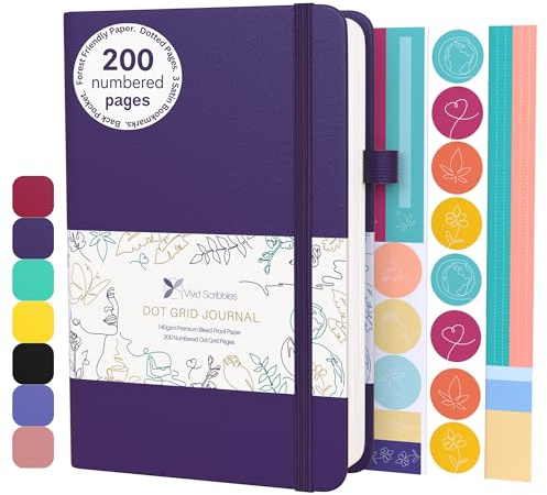 VIVID SCRIBBLES Dotted Journal – 140gsm Bleed Proof Thick White Paper – 200 Numbered Dot Grid Pages – 5.8 x 8.3 inch Bullet Dotted Notebook