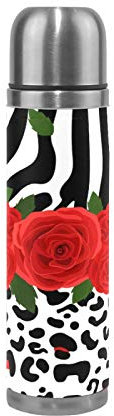 Linomo Thermosflasche Leopard Zebra Druck Rose Edelstahl Wasserflasche,Isoliert Auslaufsicher, Doppelwandig Vakuumflasche für Sport Reise Camping Büro 500 ml