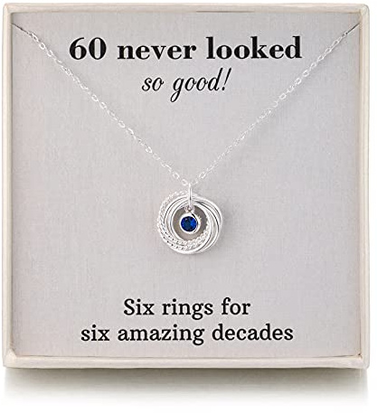 RareLove 60th Birthday Gifts for Women Jewellery,925 Sterling Silver 6 Rings Sapphire Birthstone Necklace,60 Birthday Gifts for Mum Best Friends,Six Rings for Six Decades