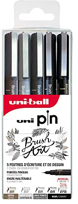 Uni-Ball Uni Pin Uni Mitsubishi Pencil – 5 Filzstifte speziell für Brush Art – Pinselspitzen (2 Schwarz, 1 Hellgrau, 1 Dunkelgrau, 1 Sepia) – zum Schreiben, Zeichnen, Tracern