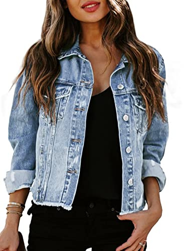 Sidefeel Denim Jacket for Women Long Sleeve Jean Coat Distressed Denim Shacket Jean Jacket Top Large Sky Blue