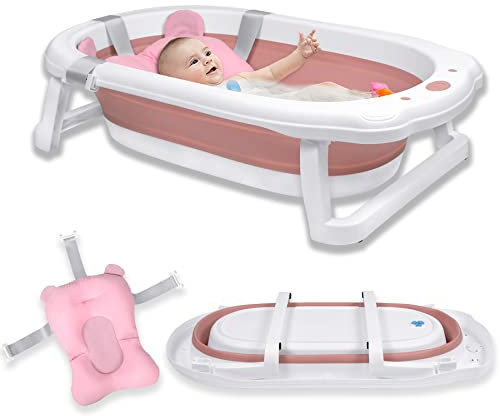 Froadp 82x50x20cm Faltbare Badewannen für Babys, Klappbare Babybadewanne, Rutschfest Kinderbadewanne, Tragbare Sicherheits Duschwanne für Neugeborene Kleinkinder von 0-8 Jahren (Rosa mit Sitzkissen)