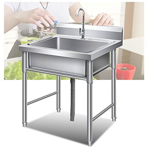 Natliedop 304 Stainless Steel Commercial Sink Unit Kitchen Catering Restaurant Sink with Single Bowl,Tap,strainer, for Bar Outdoor Indoor Garage Laundry（50cm/60cm
