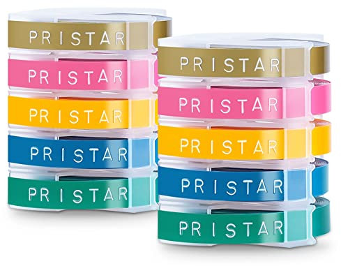 Pristar Kompatibel Prägeband mit 3D Kunststoff 9mm x 3m für Omega Junior E101 E303 Etikettenprägegerät Vinyl-Prägeetiketten, Weiß auf Golden/Gelb/Rosa/Seegrün/Meerblau