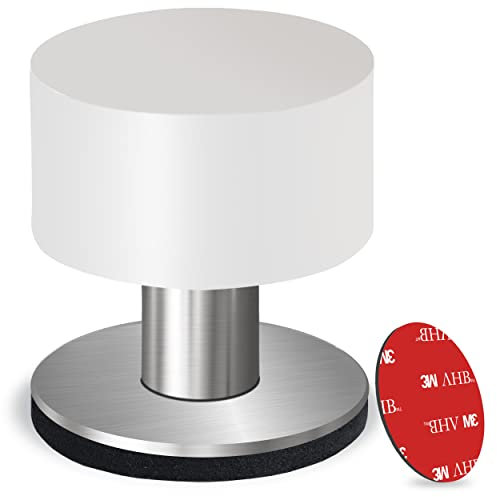 Pack of 1 Door Stop with Extra Sticker, Self-Adhesive Door Stopper with White Rubber & Stainless Steel Body - Heavy Duty Sound Dampening Door Bumper for Home & Office Use