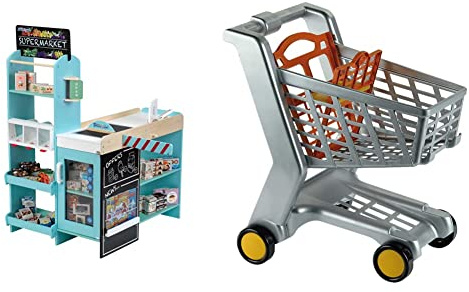Theo Klein 9391 Supermarkt, Holz (MDF) I Moderner Kaufmannsladen inkl. Kasse, Schranke, Kreidetafel und Zubehör & 9690 Einkaufswagen I Mit Klappsitz für Puppen I Aus hochwertigem Kunststoff