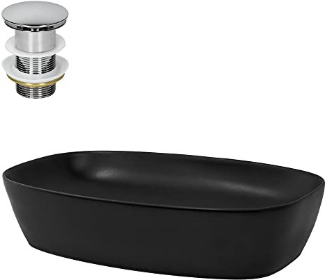 ML-Design Lavabo en Céramique, Noir, 605x385x140 mm, Coins Arrondis, Garniture de Vidage Argent, Vasque á Poser, Design Moderne, Lavabo à Main, Lavabo de Comptoir Élégant, Salle de Bain/WC d'Invités