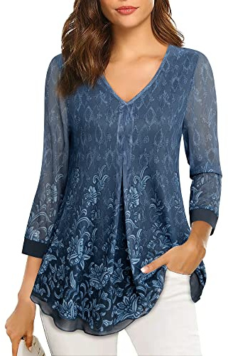 Gaharu Schicke Oberteile Damen Elegant Festlich Hochzeit Bluse Party Langarm Tunika Damen Lang Tshirt 3/4 Arm Damen Weit Blusen & Tuniken für Damen Elegant Schönes Oberteil Lässig Damenshirts