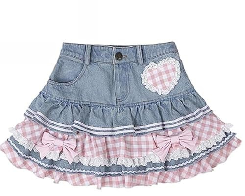 Preppy Lolita Kawaii-kjolar, söta minikjolar för kvinnor, söt balklänning, jeanskjol, Y2K, hög midja, spets, tårtkjol, BLÅ, XL