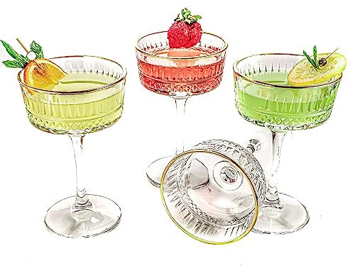 GOSOYO Juego de 4 Copas Cupé con Borde Dorado Vintage, 260 ml/8,8 oz. Champán, Cóctel, Martini, Copas de Vino, Copa de Ginebra y Prosecco, Vino Cristal, Cristalería de Tallo Largo