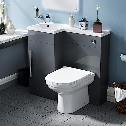 Nes Home Debra Flat Packed Compact 900mm Grey L-Shape Left Hand Vanity Unit and Toilet Bathroom