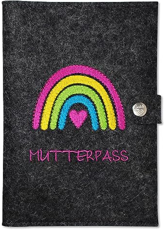 Goldi-Design Mutterpasshülle Regenbogen pink für ultraschallbilder aus Wollfilz mit extra Fächern und Verschluss (anthrazit meliert)