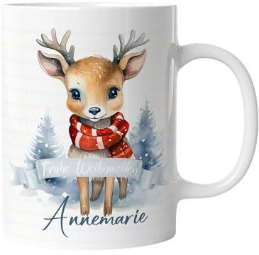 timalo® Kinder-Tasse Kunststoff Plastik bruchsichere Kindertasse mit Namen personalisiert „Frohe Weihnachten“ Jungen und Mädchen | Rentier