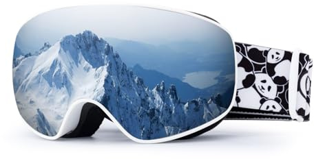 Qunature Maschera da Sci Bambino, Occhiali da Sci Anti Nebbia Ragazzo, Maschera da Snowboard OTG, Occhial da Neve Antivento, Anti-UV 400, Grande Visione, Panda Design per Sport Invernali