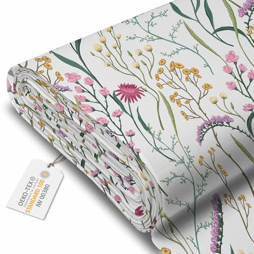 DreamRoots Markisenstoff Meterware, Dried Flowers, Laufmeter | Oxford Segeltuch, wasserdicht, Polsterstoff Meterware, 220 g/m² 600D, 160 cm breit, für außen & Deko