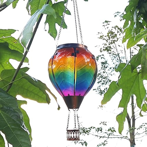 Solar Hot Air Balloon, Glass Hanging Solar Light Stained Glass hot air Balloon, Waterproof Outdoor Hanging Lantern for Gardens, patios and passages