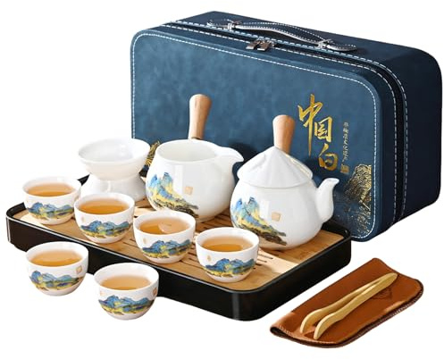 REOWONU Juego de té chino tradicional, juego de té gongfu chino con 6 tazas, juego de té de kung fu con asa lateral para adultos (QLJS Sidehandle6)