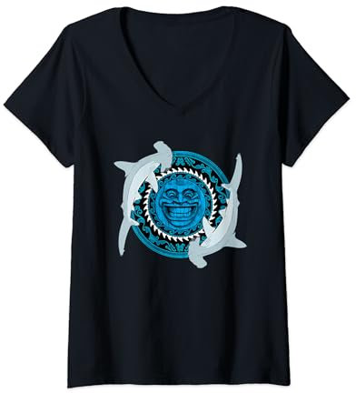 Damen Hammerhai Tiki Totem T-Shirt mit V-Ausschnitt