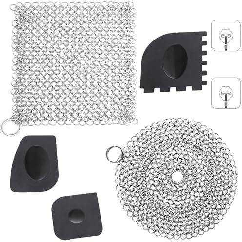 2 limpiadores de hierro fundido de acero inoxidable, limpiador de anillos de acero inoxidable con rasqueta de plástico resistente y ganchos autoadhesivos para limpiar accesorios de horno holandés