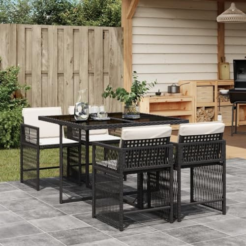 Faroom Comedor de Jardín Ratán, Conjunto Jardín Exterior de Ratán, Muebles Jardín Exterior, Juego de Comedor de Jardín con 4 Sillas de Jardin y Mesa de Comedor Negro y Crema Type-8