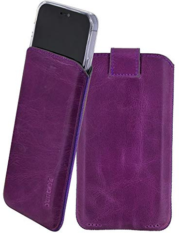 Suncase Etui Tasche kompatibel mit iPhone 16 Pro Max (6,9 Zoll) Hülle mit ZUSÄTZLICHER Case/Schale/Bumper Lasche mit Rückzugfunktion Handytasche Ledertasche Schutzhülle in antik-lila