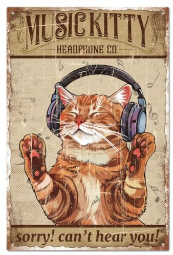 Vintage Music Kitty Metal Tin Sign Retro Cat Tin Room Door Sign Tin Painting Art Plaque Poster Wall Decor For Home Pubs Club Decoration 12x16 Inch