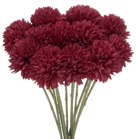 M METERXITY 12pcs Flores de Bola de Crisantemo Artificial, 11 Ramo de Hortensias de Seda Falsa Toque Real Flores Falsas para Hogar/Boda/Navidad/Fiesta/Jardín Oficina [Rojo Vino]