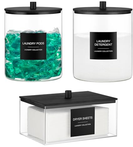 Glass Jars and Acrylic Dryer Sheet Holder, Laundry Pods Container with Bamboo Lid and 27 Labels, Powder Detergent Containers for Laundry Room Organization, Storage Jars Set (3 Pack, Black)
