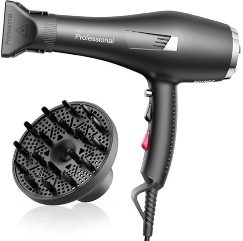 HappyGoo Secador de pelo iones profesional, Secadores Iónico con 1 difusor, 2 boquillas peinado, 3 niveles calor y 2 velocidades, Hair Dryer Rápido Secado Cabello